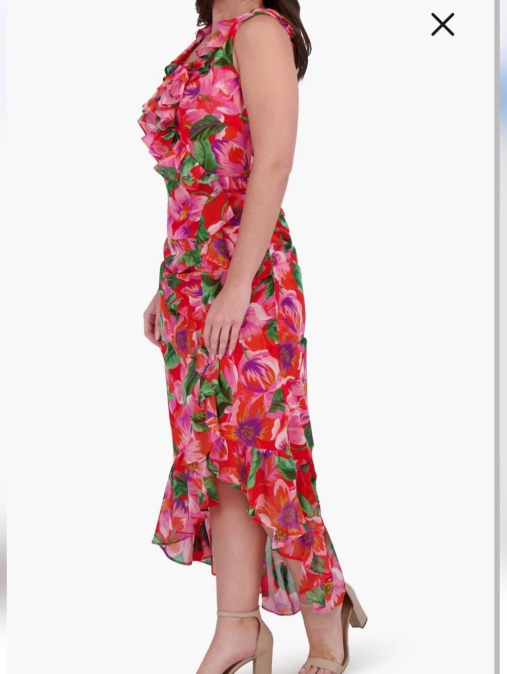 Kensie Red and Pink Floral Ruffle Maxi Dress with Green Leaves